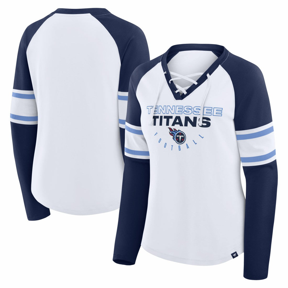 Tennessee Titans Women's Redzone Blitz Package Raglan Lace-Up V-Neck Long Sleeve T-Shirt White/Navy | Fanatics