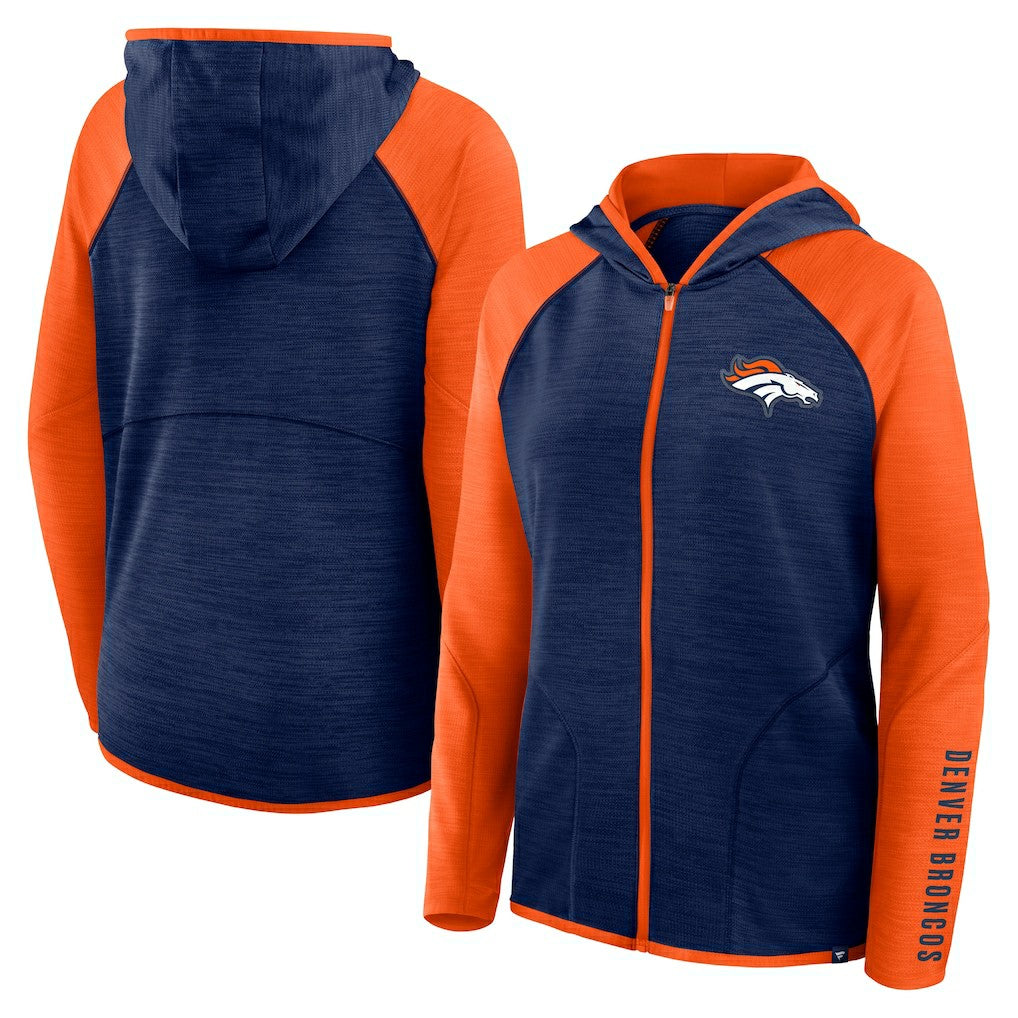 Denver Broncos Women's Redzone End Around Pass Raglan Full-Zip Hoodie Navy/Orange | Fanatics