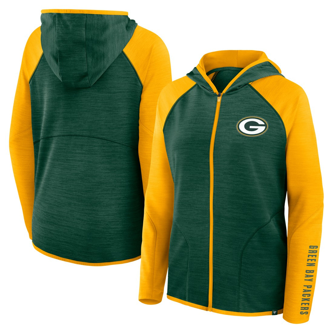 Green Bay Packers Women's Redzone End Around Pass Raglan Full-Zip Hoodie Green/Gold | Fanatics