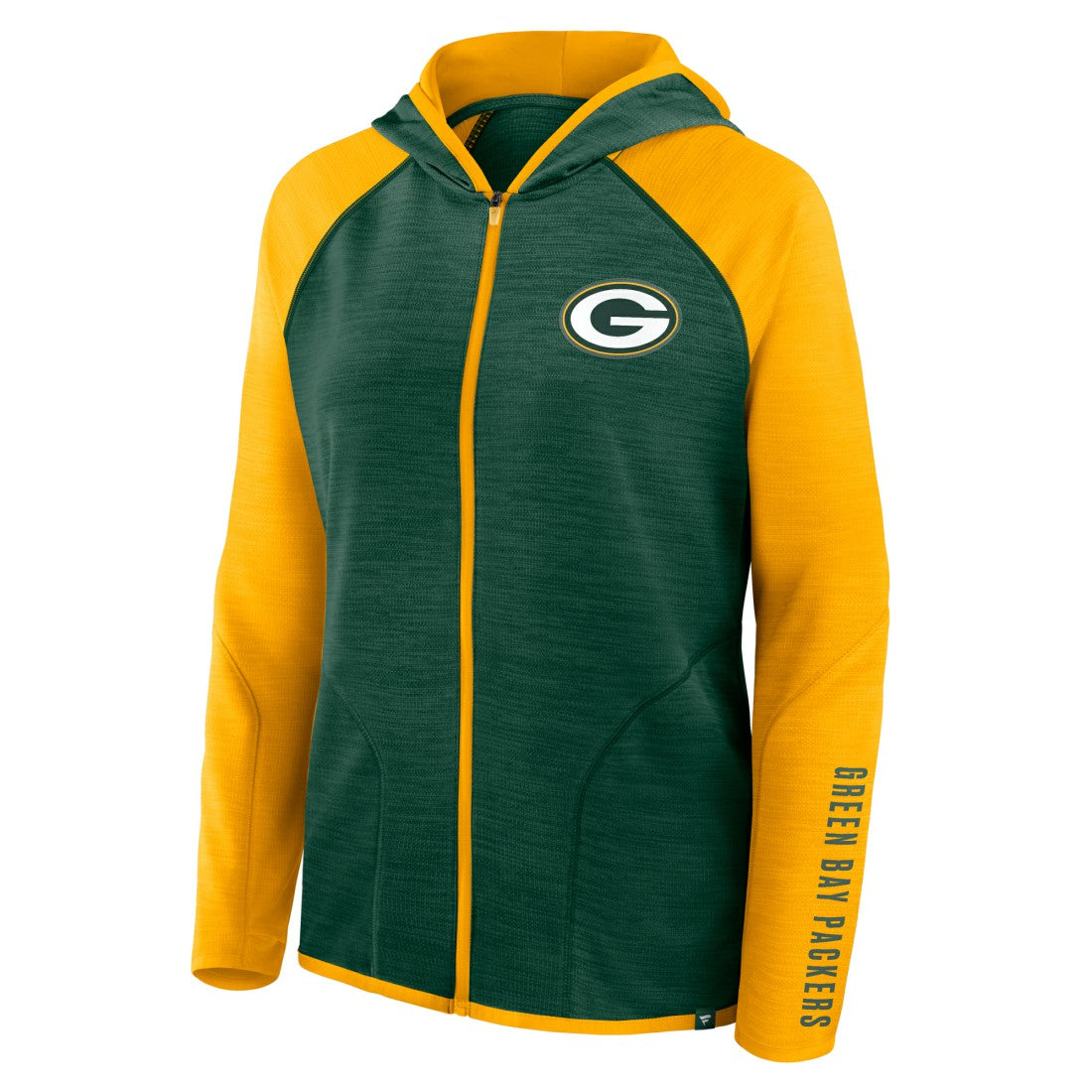 Green Bay Packers Women's Redzone End Around Pass Raglan Full-Zip Hoodie Green/Gold | Fanatics