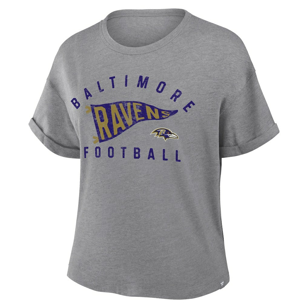 Baltimore Ravens Women's Pennant Wave Tribute Tri-Blend Boxy T-Shirt Heather Gray | Fanatics