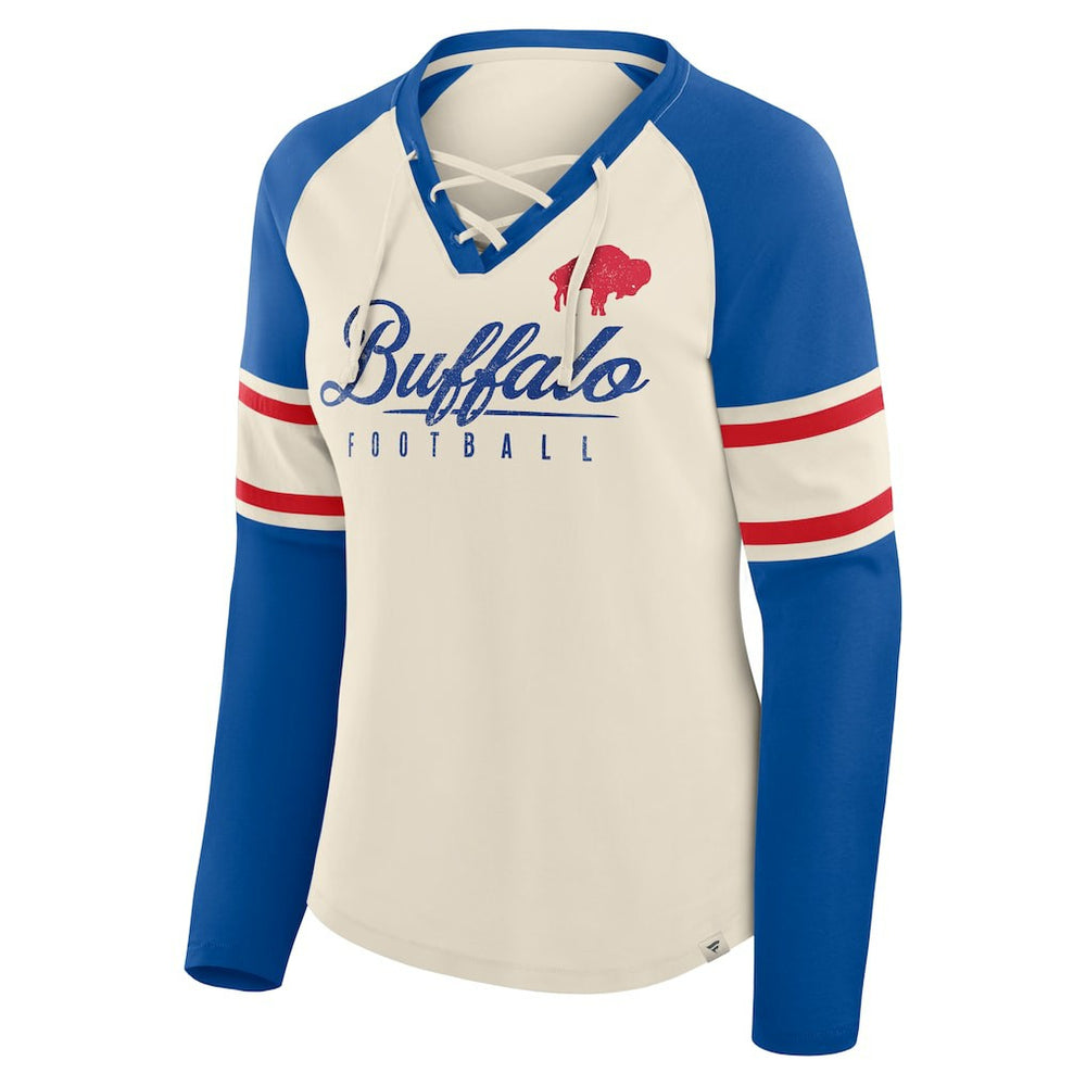 Buffalo Bills Women's Hometown Gridiron Hero Raglan Lace-Up V-Neck Long Sleeve T-Shirt Cream/Royal | Fanatics