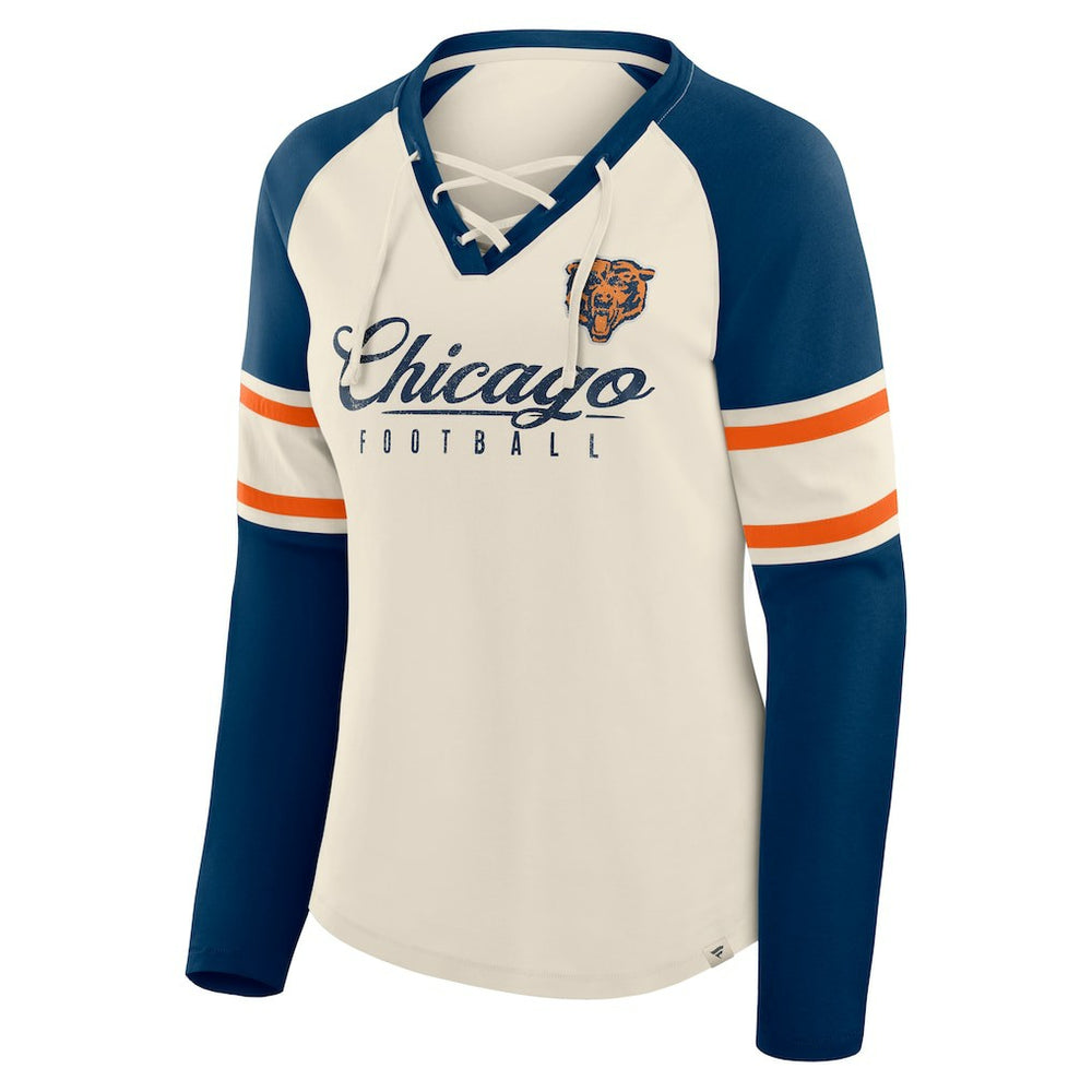 Chicago Bears Women's Hometown Gridiron Hero Raglan Lace-Up V-Neck Long Sleeve T-Shirt Cream/Navy | Fanatics