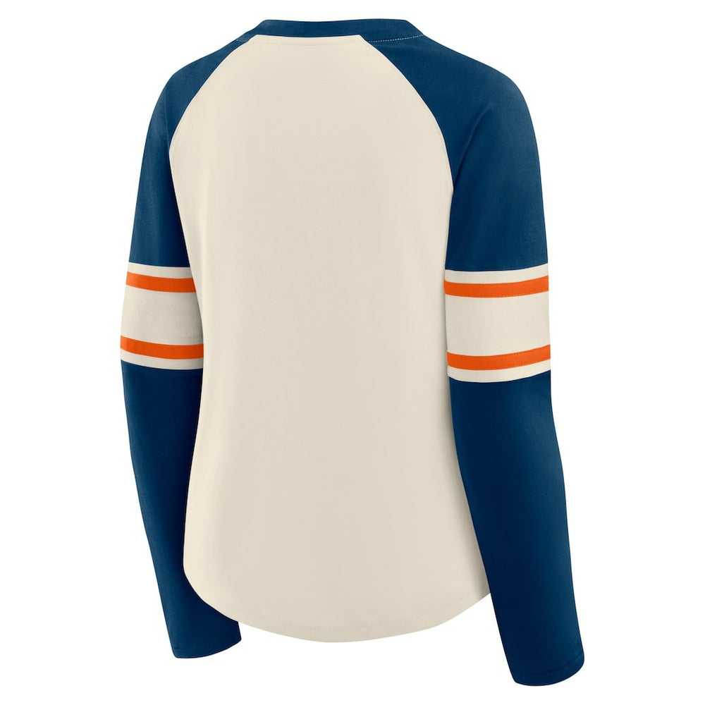 Chicago Bears Women's Hometown Gridiron Hero Raglan Lace-Up V-Neck Long Sleeve T-Shirt Cream/Navy | Fanatics