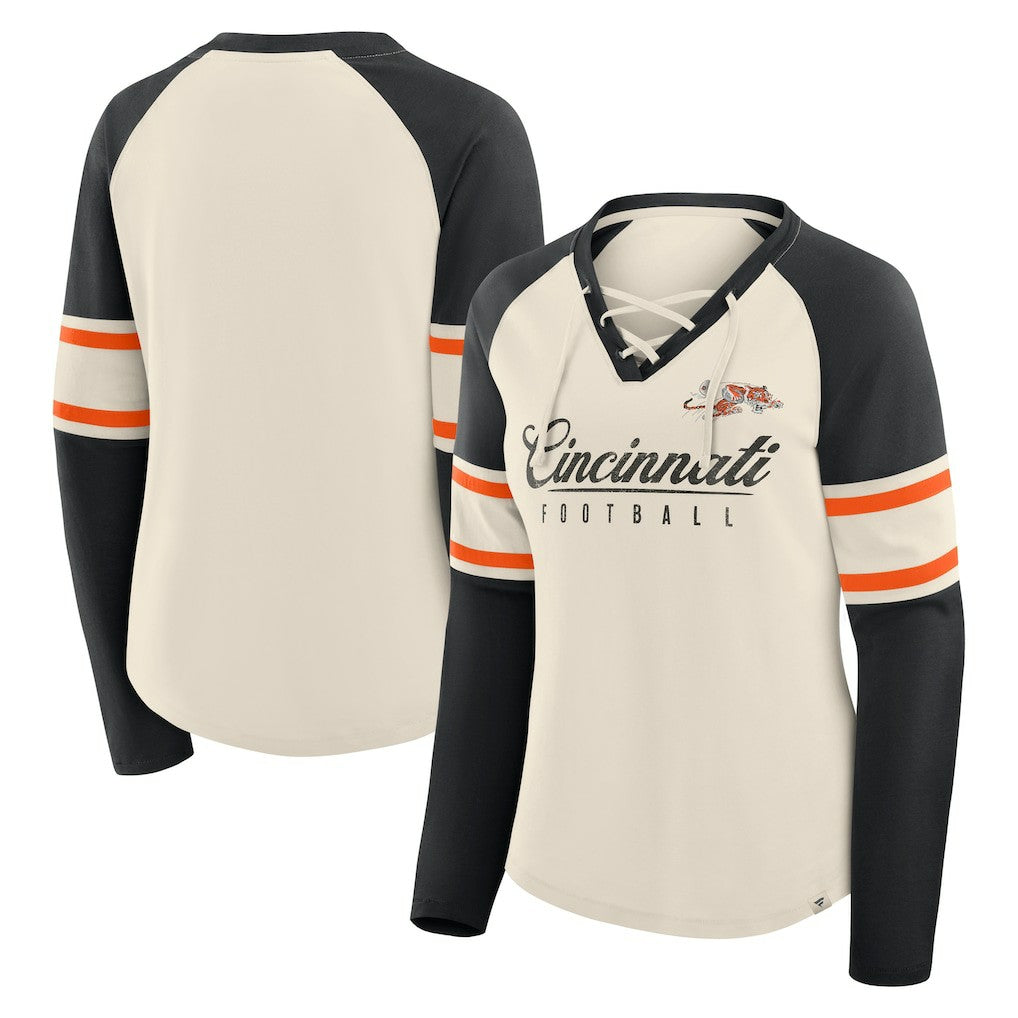 Cincinnati Bengals Women's Hometown Gridiron Hero Raglan Lace-Up V-Neck Long Sleeve T-Shirt Cream/Black | Fanatics