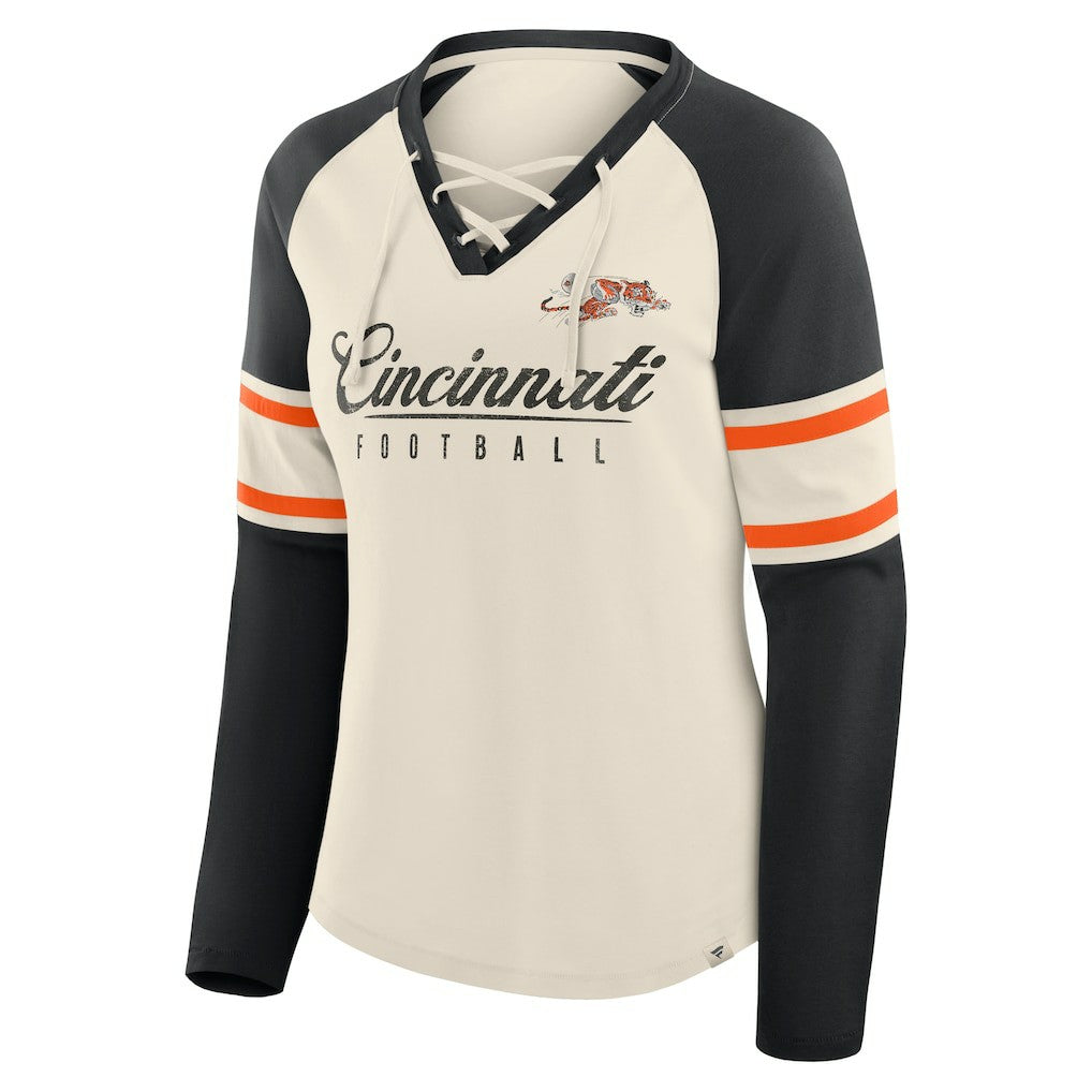 Cincinnati Bengals Women's Hometown Gridiron Hero Raglan Lace-Up V-Neck Long Sleeve T-Shirt Cream/Black | Fanatics