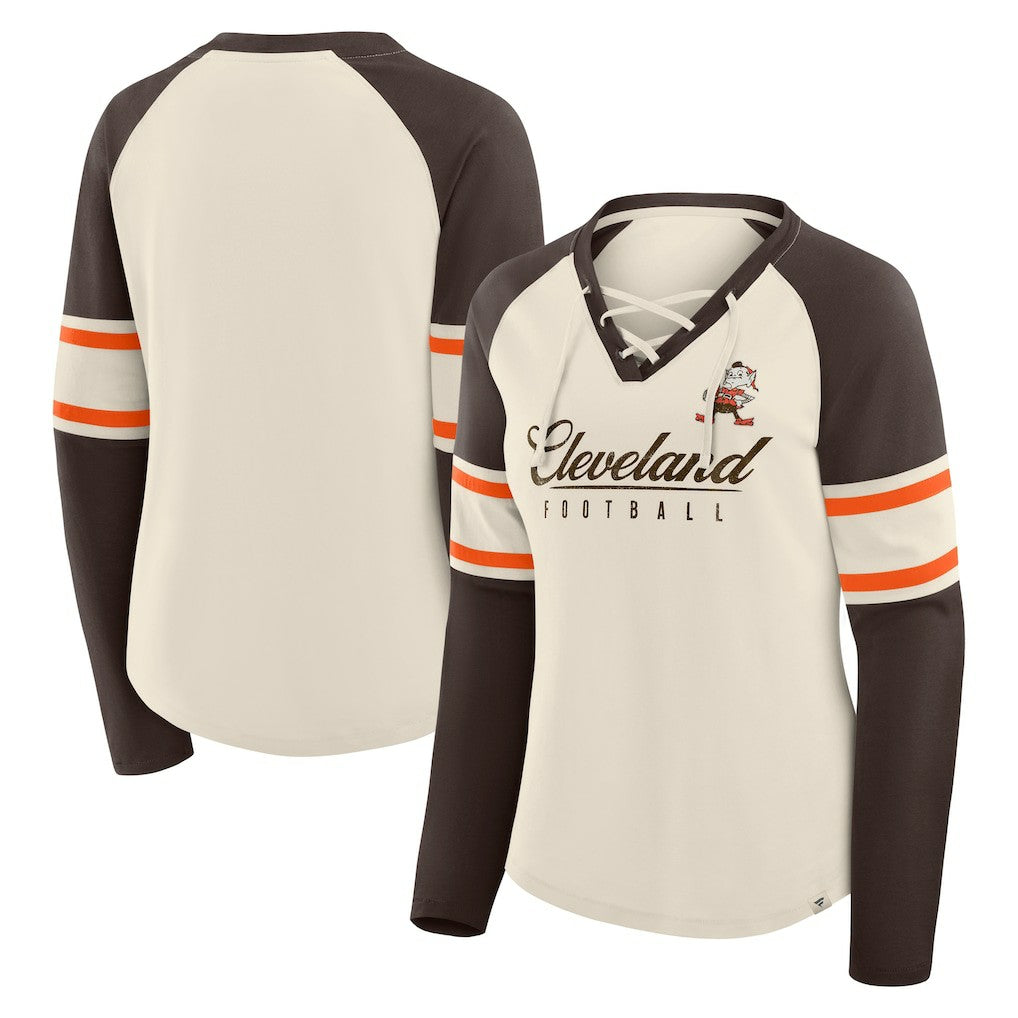 Cleveland Browns Women's Hometown Gridiron Hero Raglan Lace-Up V-Neck Long Sleeve T-Shirt Cream/Brown | Fanatics
