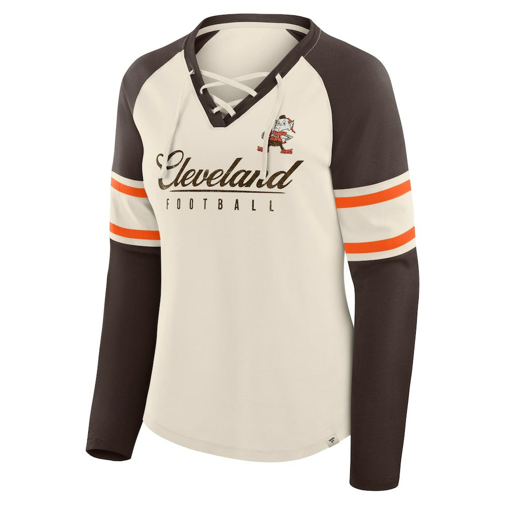 Cleveland Browns Women's Hometown Gridiron Hero Raglan Lace-Up V-Neck Long Sleeve T-Shirt Cream/Brown | Fanatics
