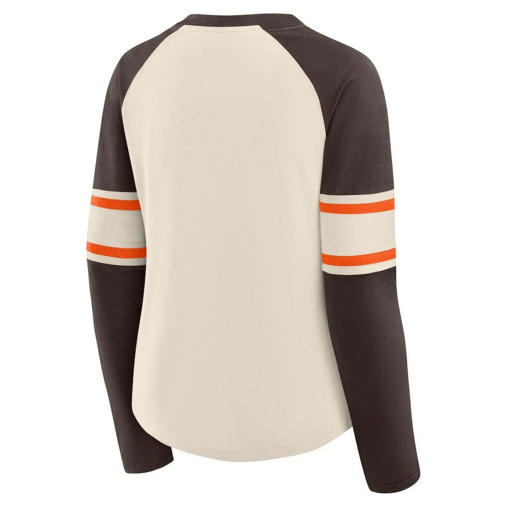 Cleveland Browns Women's Hometown Gridiron Hero Raglan Lace-Up V-Neck Long Sleeve T-Shirt Cream/Brown | Fanatics