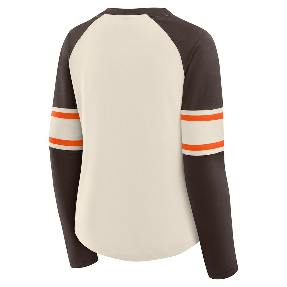 Cleveland Browns Women's Hometown Gridiron Hero Raglan Lace-Up V-Neck Long Sleeve T-Shirt Cream/Brown | Fanatics