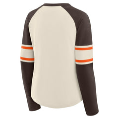 Cleveland Browns Women's Hometown Gridiron Hero Raglan Lace-Up V-Neck Long Sleeve T-Shirt Cream/Brown | Fanatics