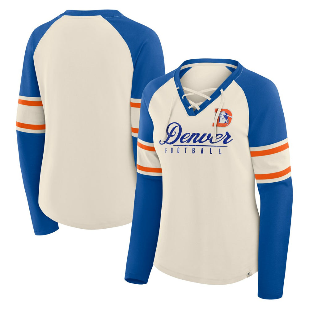 Denver Broncos Women's Hometown Gridiron Hero Raglan Lace-Up V-Neck Long Sleeve T-Shirt Cream/Royal | Fanatics