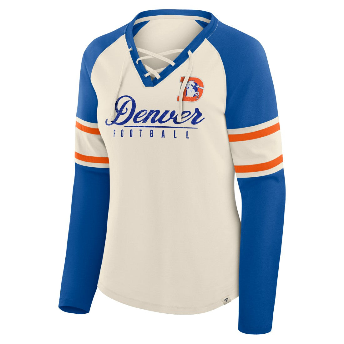 Denver Broncos Women's Hometown Gridiron Hero Raglan Lace-Up V-Neck Long Sleeve T-Shirt Cream/Royal | Fanatics