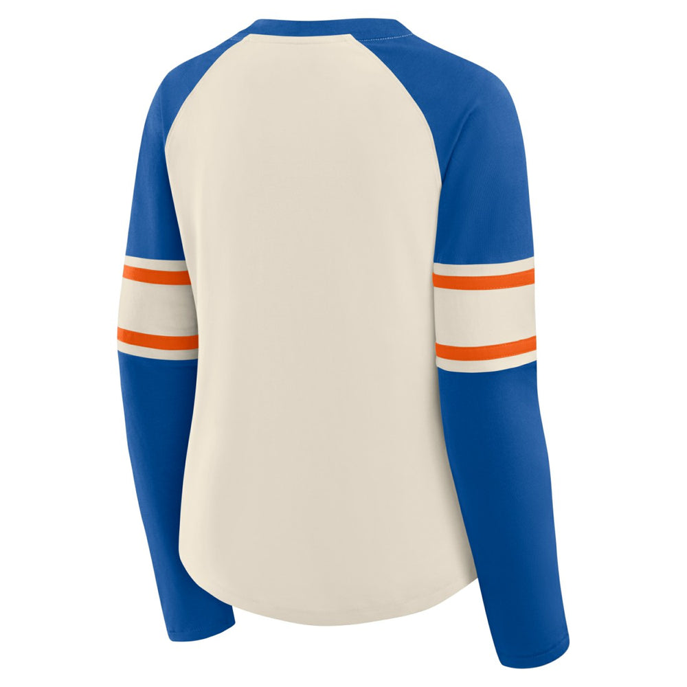 Denver Broncos Women's Hometown Gridiron Hero Raglan Lace-Up V-Neck Long Sleeve T-Shirt Cream/Royal | Fanatics