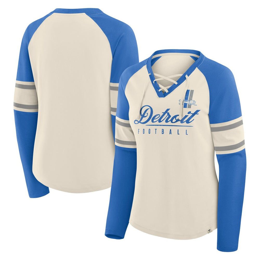 Detroit Lions Women's Hometown Gridiron Hero Raglan Lace-Up V-Neck Long Sleeve T-Shirt Cream/Blue | Fanatics
