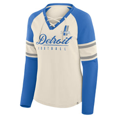 Detroit Lions Women's Hometown Gridiron Hero Raglan Lace-Up V-Neck Long Sleeve T-Shirt Cream/Blue | Fanatics