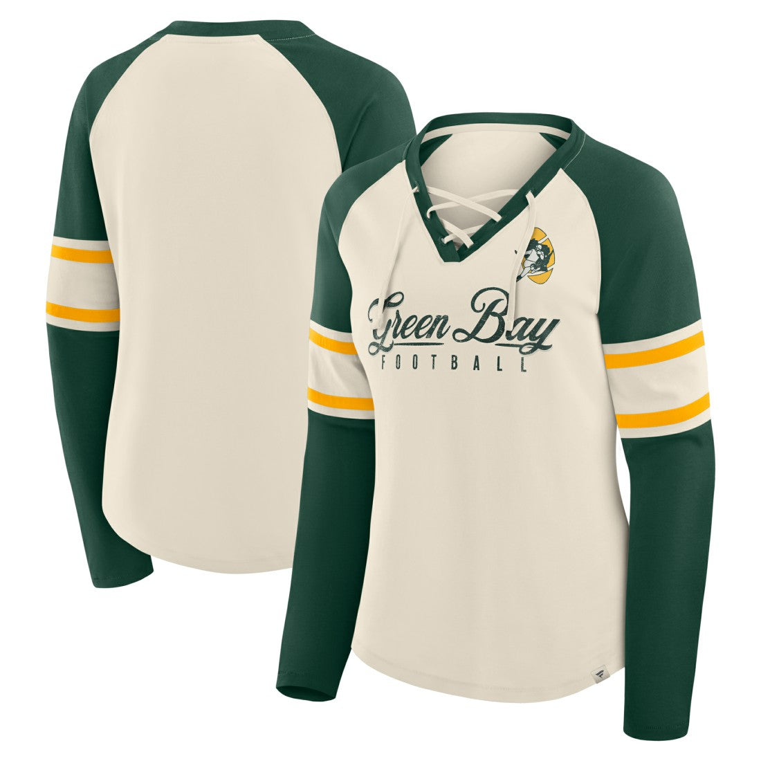 Green Bay Packers Women's Hometown Gridiron Hero Raglan Lace-Up V-Neck Long Sleeve T-Shirt Cream/Green | Fanatics
