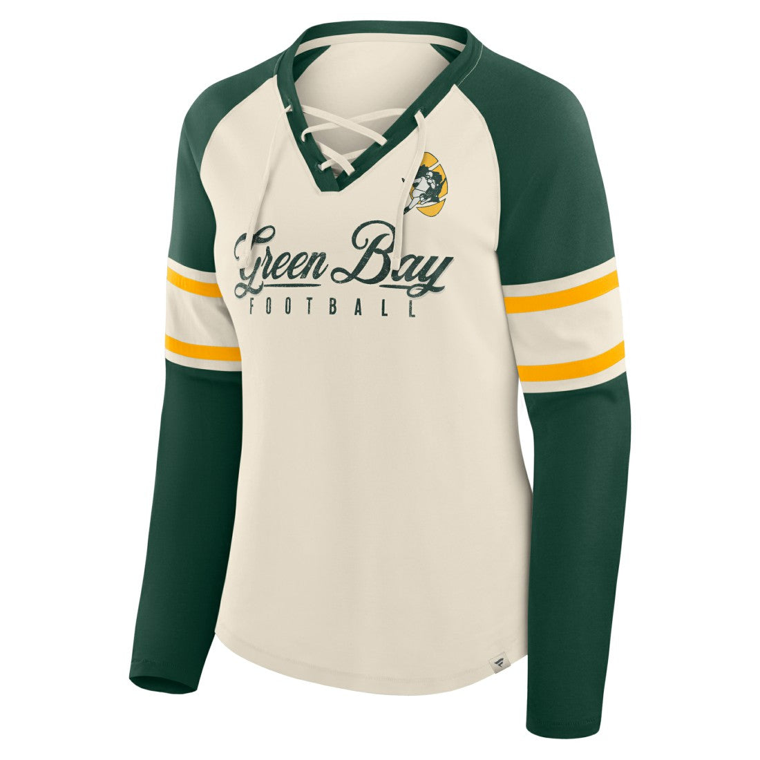 Green Bay Packers Women's Hometown Gridiron Hero Raglan Lace-Up V-Neck Long Sleeve T-Shirt Cream/Green | Fanatics