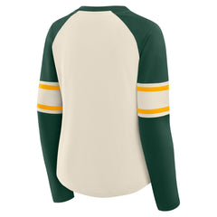 Green Bay Packers Women's Hometown Gridiron Hero Raglan Lace-Up V-Neck Long Sleeve T-Shirt Cream/Green | Fanatics
