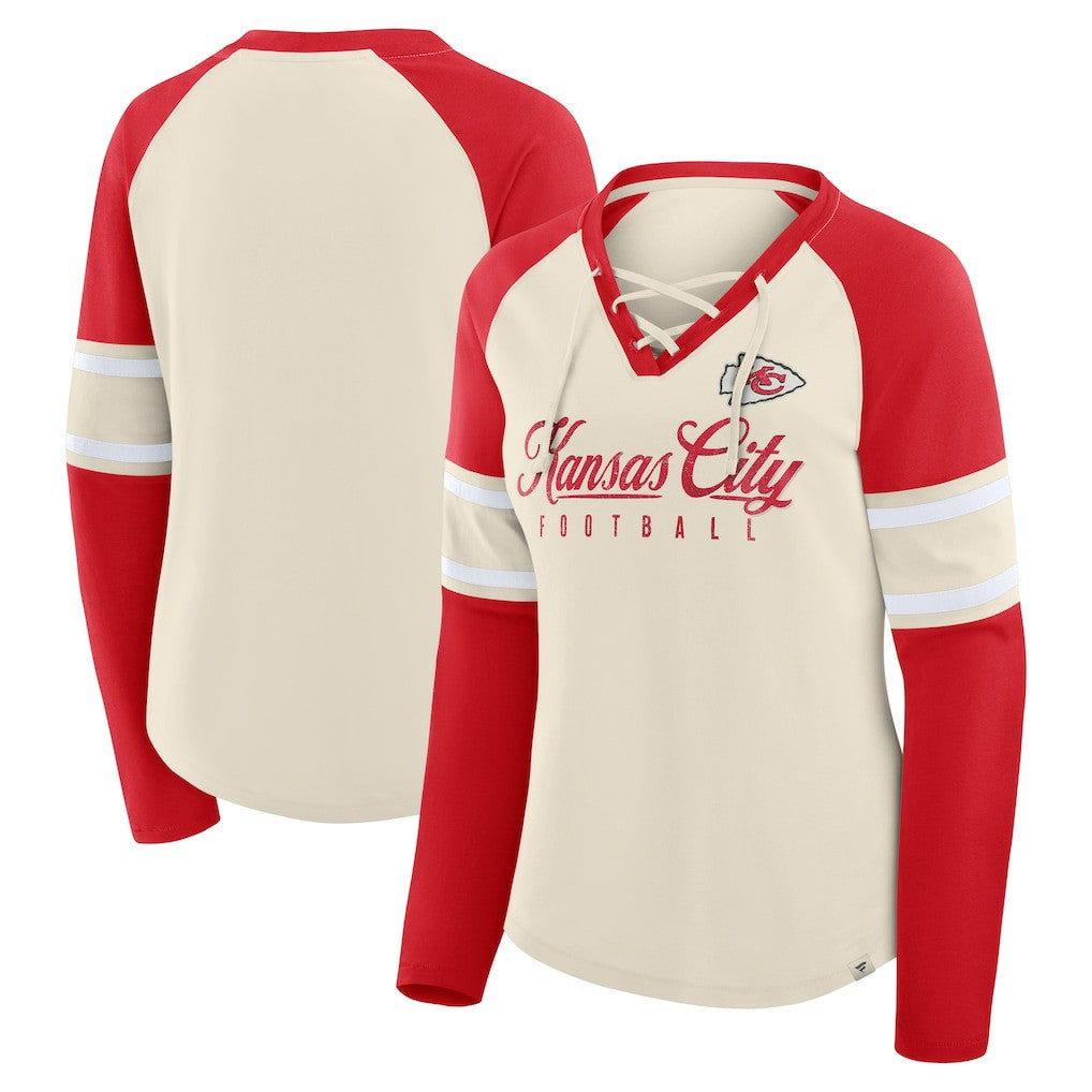Kansas City Chiefs Women's Hometown Gridiron Hero Raglan Lace-Up V-Neck Long Sleeve T-Shirt Cream/Red | Fanatics