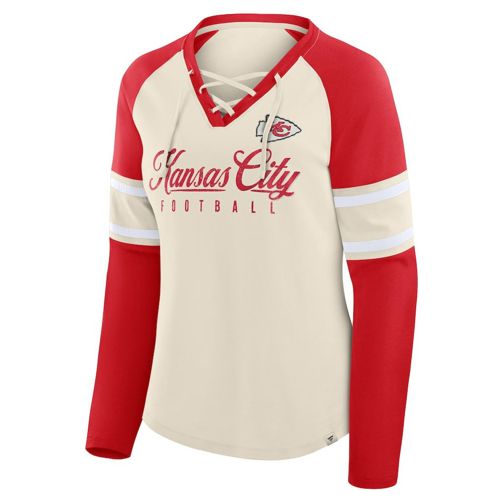 Kansas City Chiefs Women's Hometown Gridiron Hero Raglan Lace-Up V-Neck Long Sleeve T-Shirt Cream/Red | Fanatics