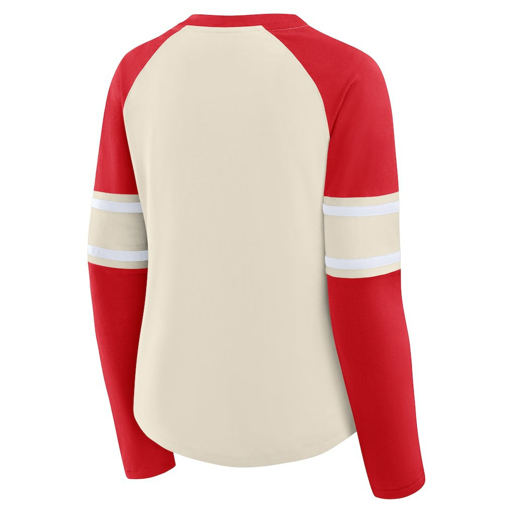Kansas City Chiefs Women's Hometown Gridiron Hero Raglan Lace-Up V-Neck Long Sleeve T-Shirt Cream/Red | Fanatics
