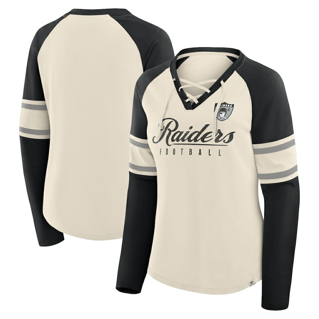Las Vegas Raiders Women's Hometown Gridiron Hero Raglan Lace-Up V-Neck Long Sleeve T-Shirt Cream/Black | Fanatics