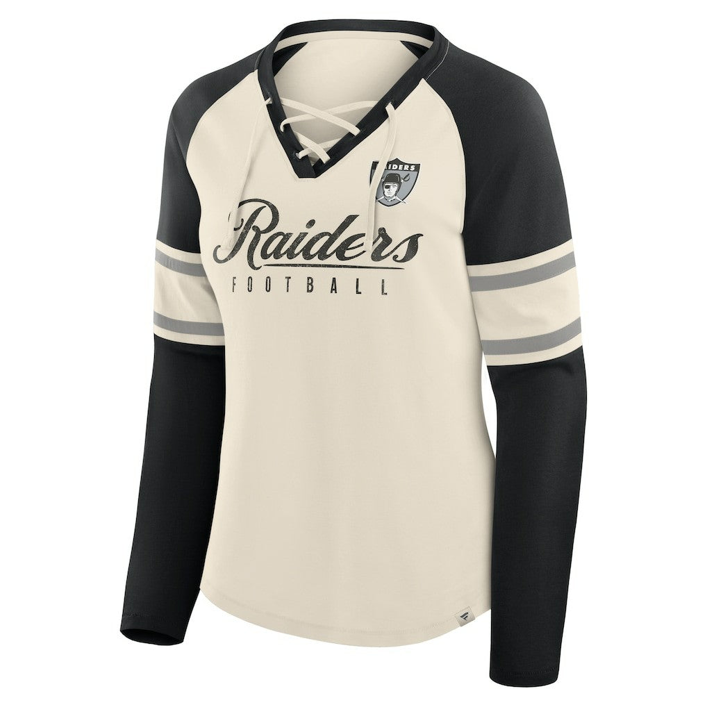 Las Vegas Raiders Women's Hometown Gridiron Hero Raglan Lace-Up V-Neck Long Sleeve T-Shirt Cream/Black | Fanatics