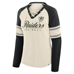 Las Vegas Raiders Women's Hometown Gridiron Hero Raglan Lace-Up V-Neck Long Sleeve T-Shirt Cream/Black | Fanatics