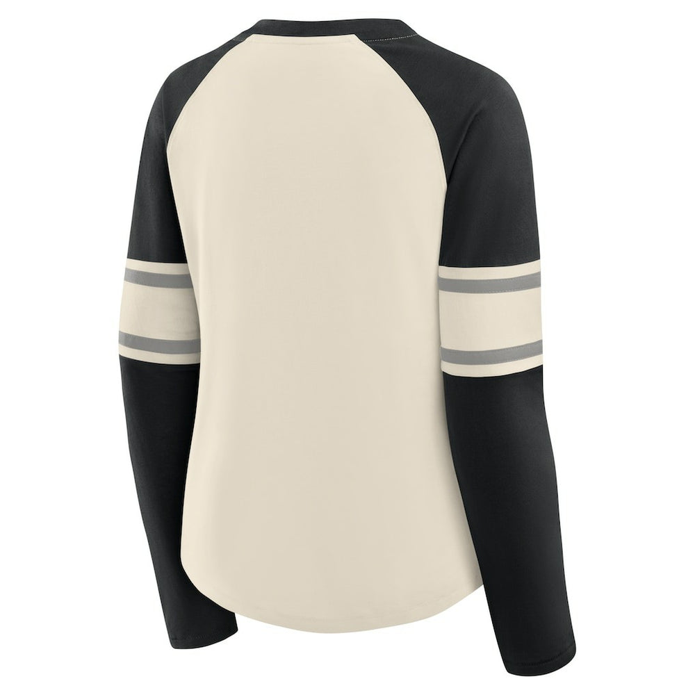 Las Vegas Raiders Women's Hometown Gridiron Hero Raglan Lace-Up V-Neck Long Sleeve T-Shirt Cream/Black | Fanatics
