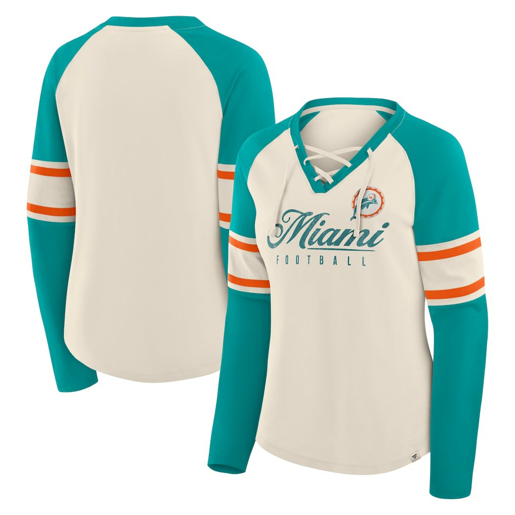 Miami Dolphins Women's Hometown Gridiron Hero Raglan Lace-Up V-Neck Long Sleeve T-Shirt Cream/Aqua | Fanatics