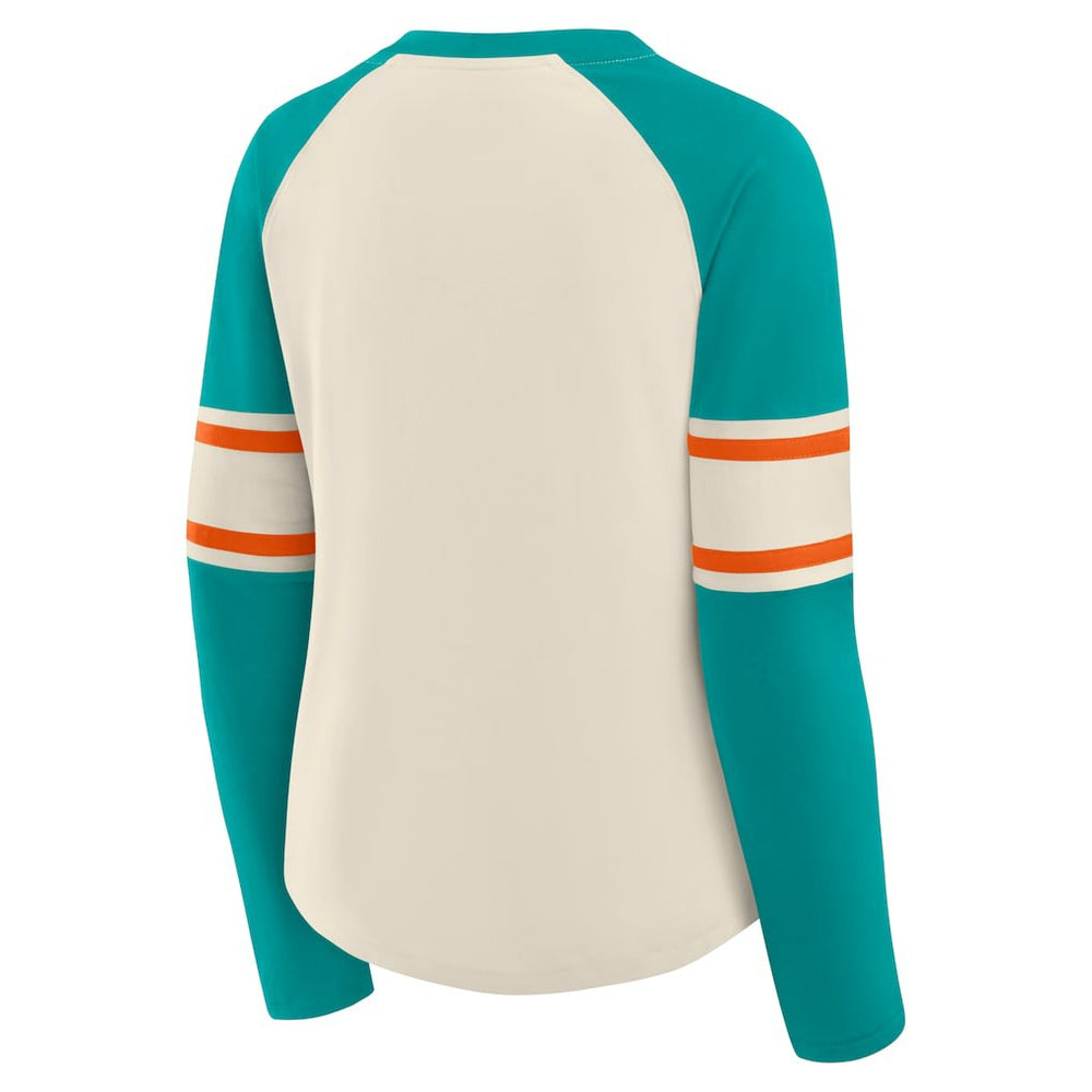 Miami Dolphins Women's Hometown Gridiron Hero Raglan Lace-Up V-Neck Long Sleeve T-Shirt Cream/Aqua | Fanatics