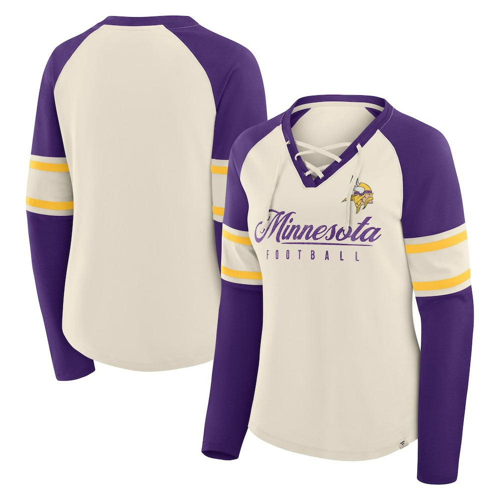 Minnesota Vikings Women's Hometown Gridiron Hero Raglan Lace-Up V-Neck Long Sleeve T-Shirt Cream/Purple | Fanatics