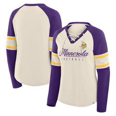 Minnesota Vikings Women's Hometown Gridiron Hero Raglan Lace-Up V-Neck Long Sleeve T-Shirt Cream/Purple | Fanatics