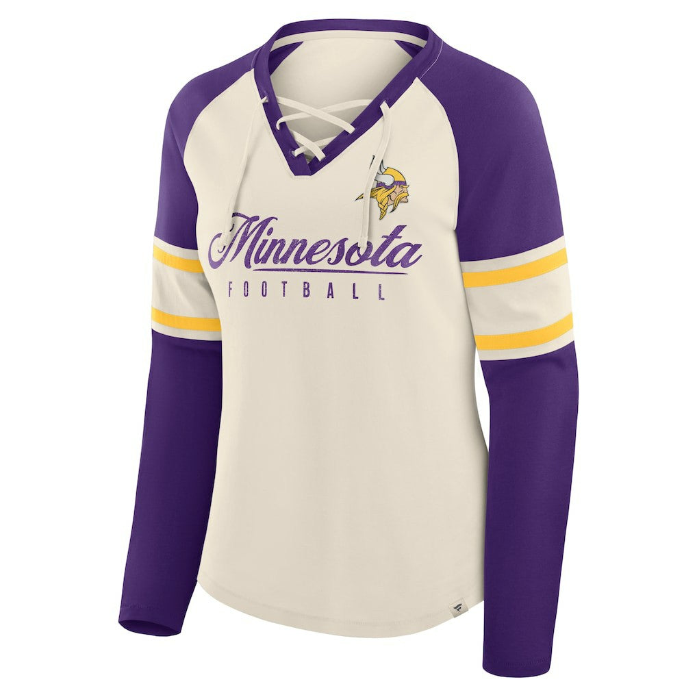 Minnesota Vikings Women's Hometown Gridiron Hero Raglan Lace-Up V-Neck Long Sleeve T-Shirt Cream/Purple | Fanatics