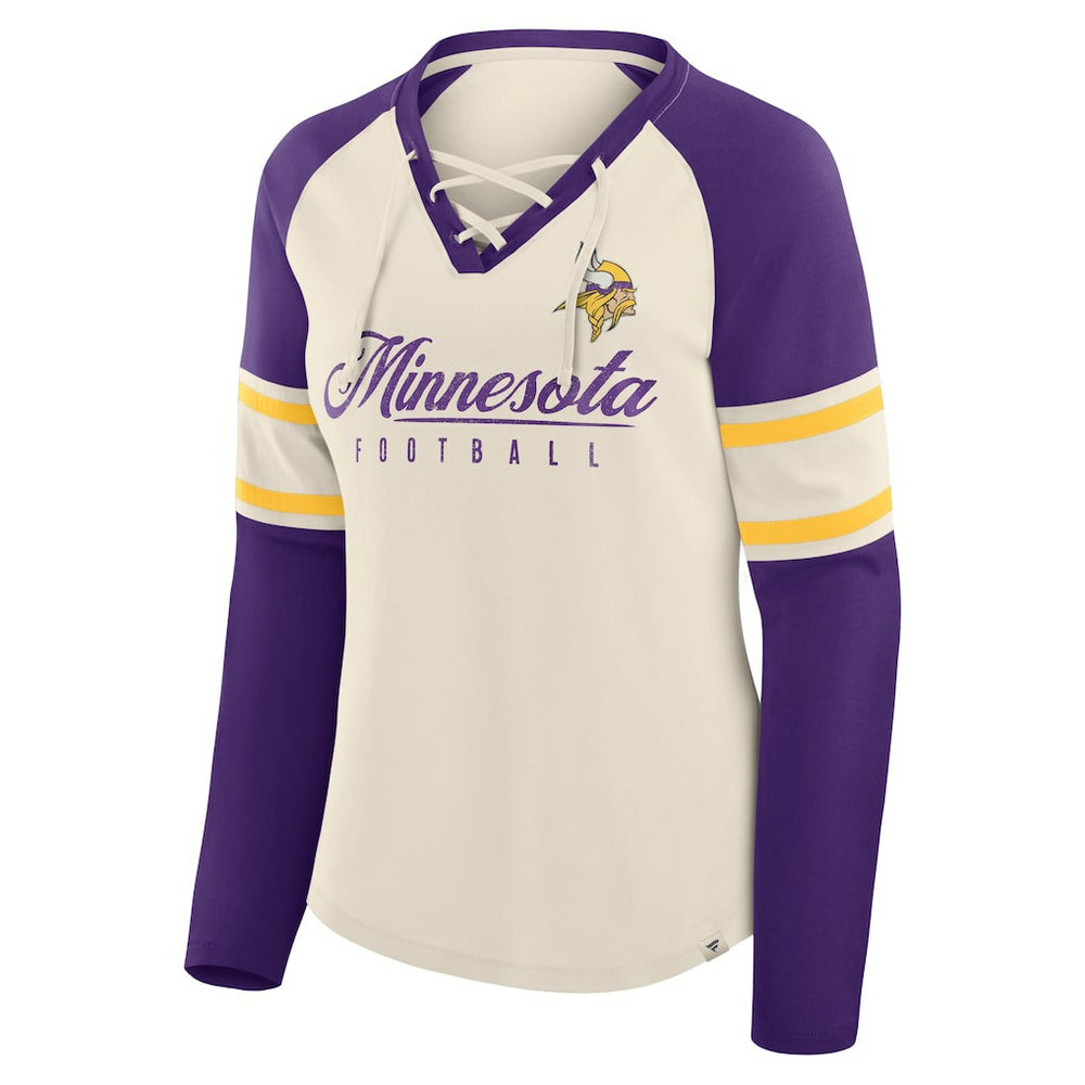 Minnesota Vikings Women's Hometown Gridiron Hero Raglan Lace-Up V-Neck Long Sleeve T-Shirt Cream/Purple | Fanatics