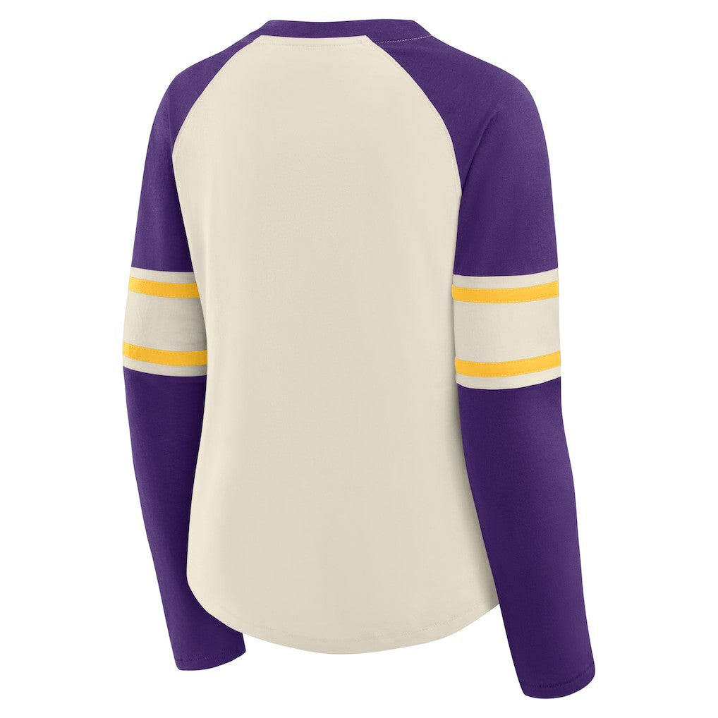 Minnesota Vikings Women's Hometown Gridiron Hero Raglan Lace-Up V-Neck Long Sleeve T-Shirt Cream/Purple | Fanatics