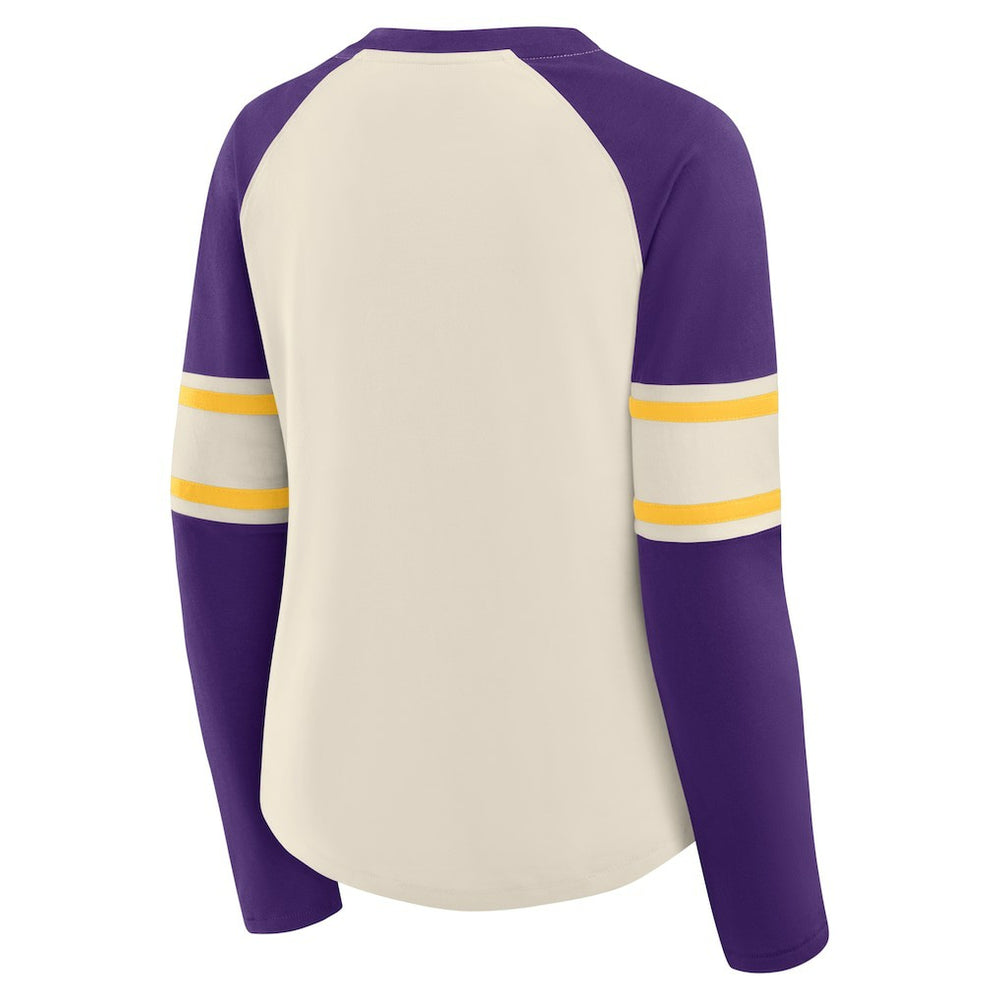 Minnesota Vikings Women's Hometown Gridiron Hero Raglan Lace-Up V-Neck Long Sleeve T-Shirt Cream/Purple | Fanatics
