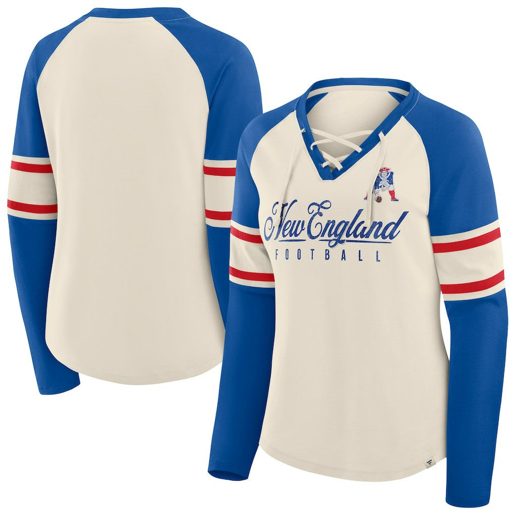 New England Patriots Women's Hometown Gridiron Hero Raglan Lace-Up V-Neck Long Sleeve T-Shirt Cream/Royal | Fanatics