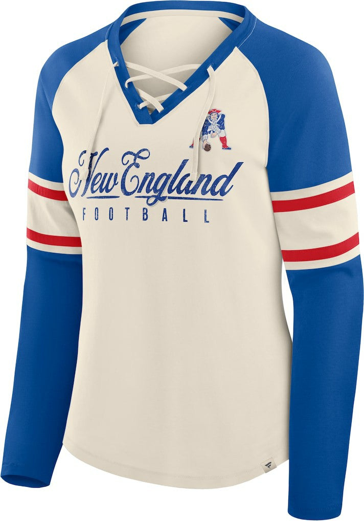 New England Patriots Women's Hometown Gridiron Hero Raglan Lace-Up V-Neck Long Sleeve T-Shirt Cream/Royal | Fanatics