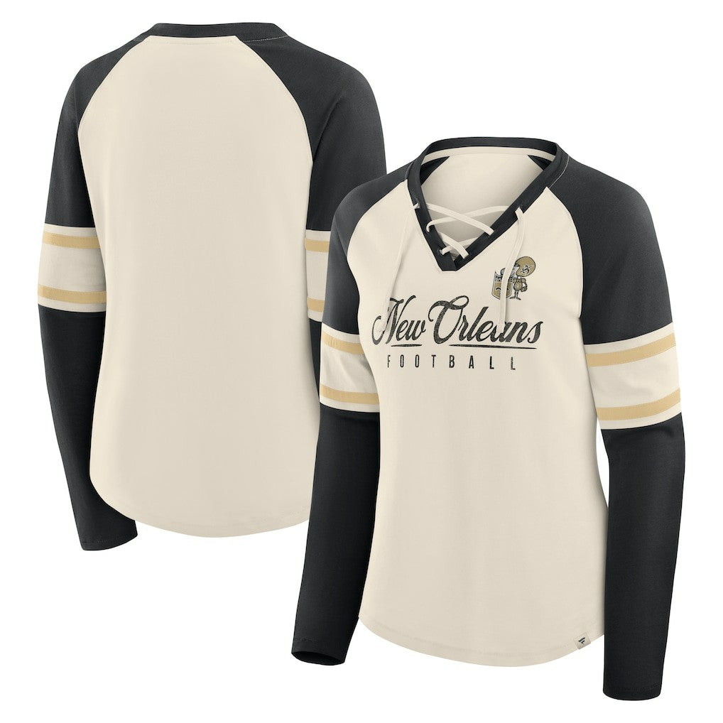 New Orleans Saints Women's Hometown Gridiron Hero Raglan Lace-Up V-Neck Long Sleeve T-Shirt Cream/Black | Fanatics
