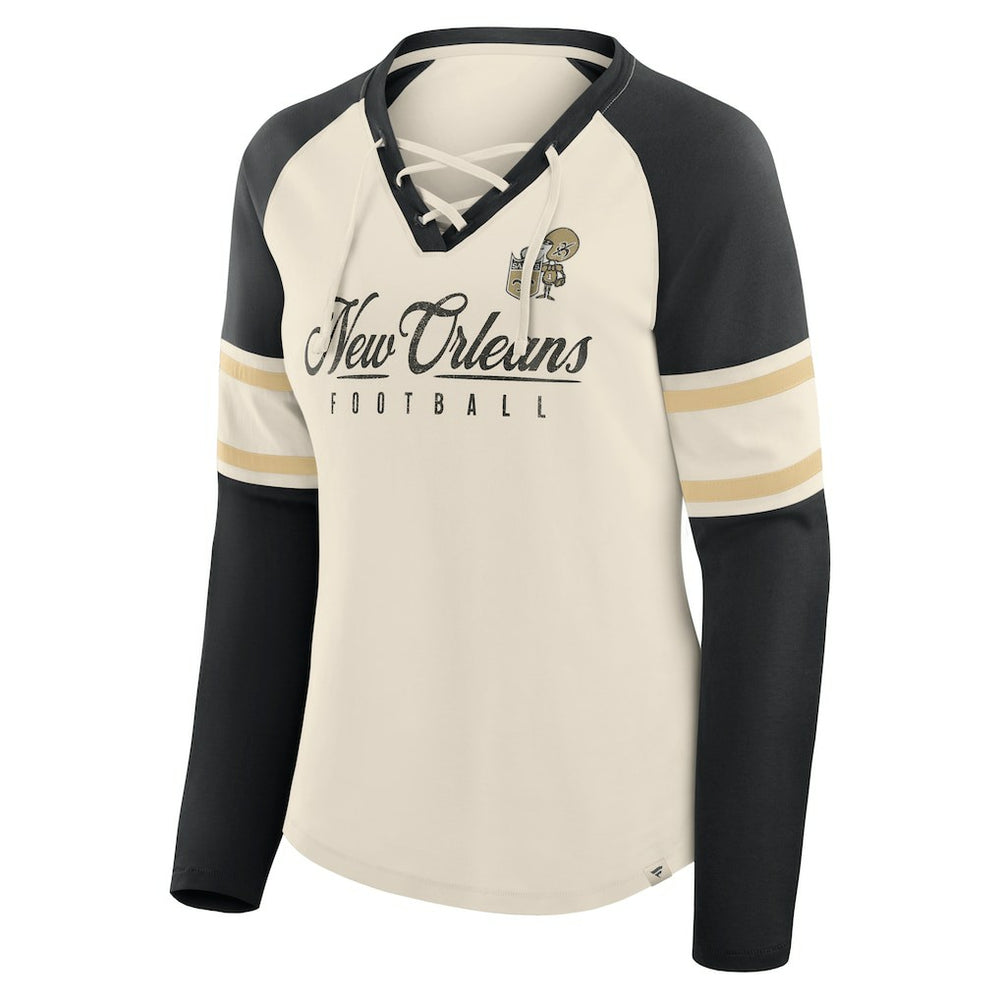 New Orleans Saints Women's Hometown Gridiron Hero Raglan Lace-Up V-Neck Long Sleeve T-Shirt Cream/Black | Fanatics