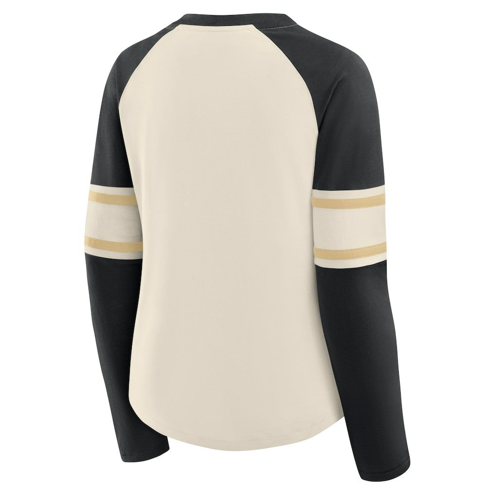New Orleans Saints Women's Hometown Gridiron Hero Raglan Lace-Up V-Neck Long Sleeve T-Shirt Cream/Black | Fanatics