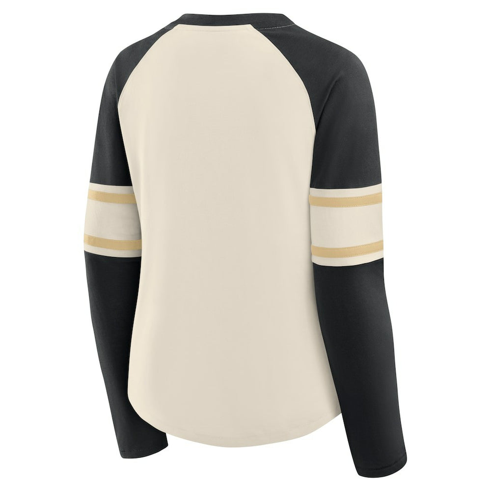 New Orleans Saints Women's Hometown Gridiron Hero Raglan Lace-Up V-Neck Long Sleeve T-Shirt Cream/Black | Fanatics