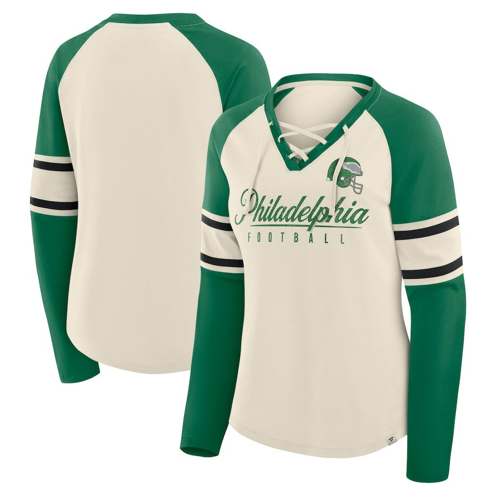Philadelphia Eagles Women's Hometown Gridiron Hero Raglan Lace-Up V-Neck Long Sleeve T-Shirt Cream/Kelly Green | Fanatics