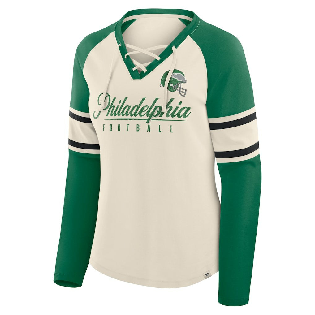 Philadelphia Eagles Women's Hometown Gridiron Hero Raglan Lace-Up V-Neck Long Sleeve T-Shirt Cream/Kelly Green | Fanatics