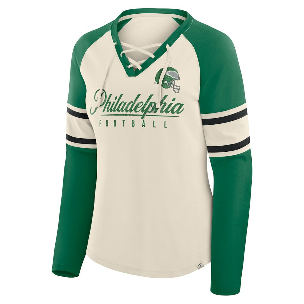 Philadelphia Eagles Women's Hometown Gridiron Hero Raglan Lace-Up V-Neck Long Sleeve T-Shirt Cream/Kelly Green | Fanatics