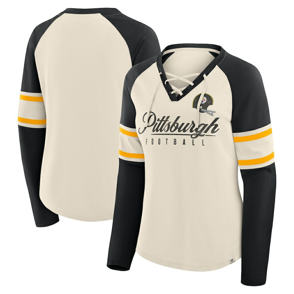 Pittsburgh Steelers Women's Hometown Gridiron Hero Raglan Lace-Up V-Neck Long Sleeve T-Shirt Cream/Black | Fanatics