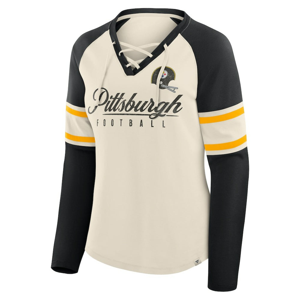 Pittsburgh Steelers Women's Hometown Gridiron Hero Raglan Lace-Up V-Neck Long Sleeve T-Shirt Cream/Black | Fanatics