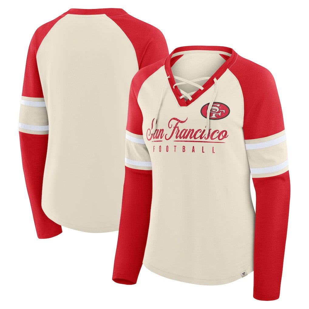 San Francisco 49ers Women's Hometown Gridiron Hero Raglan Lace-Up V-Neck Long Sleeve T-Shirt Cream/Scarlet | Fanatics
